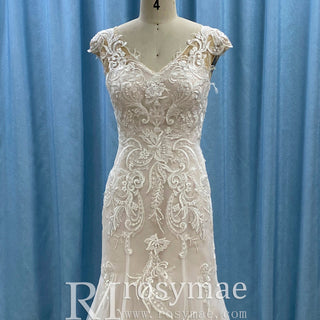 Vneck Floral Lace Tule Fit and Flare Wedding Dress with Cap Sleeve - Rosymae