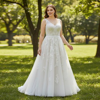 Elegant Plus Size A-Line Glitter Tulle Lace Wedding Dresses & Bridal Gowns