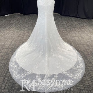 Sexy Luxury Plunge Neck Mermaid Lace Wedding Dress