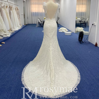 Vneck Lace Mermaid Wedding Dress with Open Low Back - Rosymae