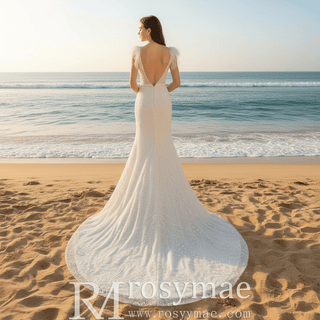 Vneck Lace Mermaid Wedding Dress with Open Low Back - Rosymae