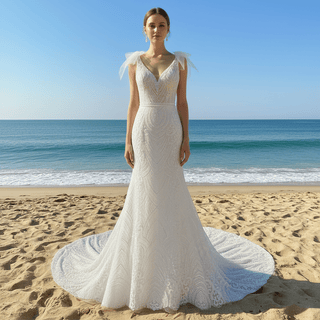 Vneck Lace Mermaid Wedding Dress with Open Low Back - Rosymae