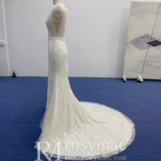 Vneck Lace Mermaid Wedding Dress with Open Low Back - Rosymae
