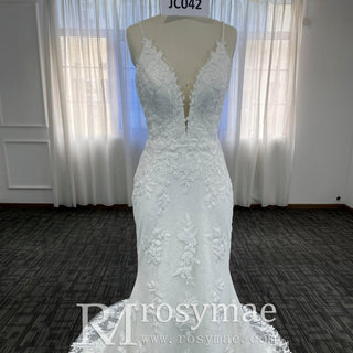 Vneck Lace Mermaid Wedding Dress with Spaghetti Straps - Rosymae