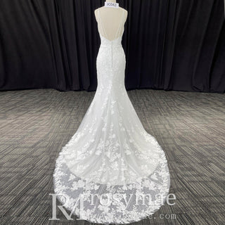 Vneck Lace Mermaid Wedding Dress with Spaghetti Straps - Rosymae
