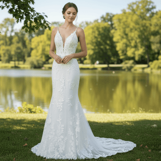 Vneck Lace Mermaid Wedding Dress with Spaghetti Straps - Rosymae