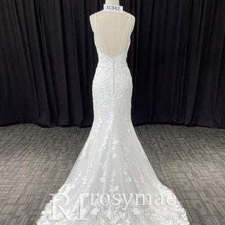 Vneck Lace Mermaid Wedding Dress with Spaghetti Straps - Rosymae