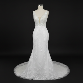 Elegant Luxury Plunging Neck Mermaid Lace Wedding Dress