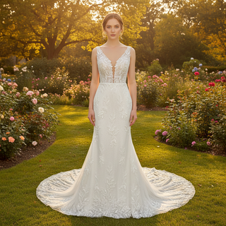 Elegant Luxury Plunging Neck Mermaid Lace Wedding Dress