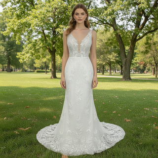 Elegant Luxury Plunging Neck Mermaid Lace Wedding Dress