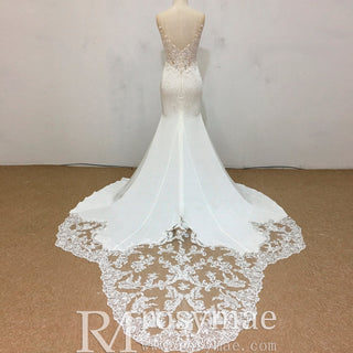 Vneck Mermaid Satin Wedding Dress with Leaf-Shape Lace Train - Rosymae