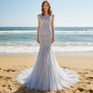 Latest Beading Sequined Wedding Dress V-Neck Vintage Mermaid Bridal Gown Lilac / Custom Size Latest Beading Sequined Wedding Dress V-Neck Vintage Mermaid Bridal Gown Lilac / Custom Size