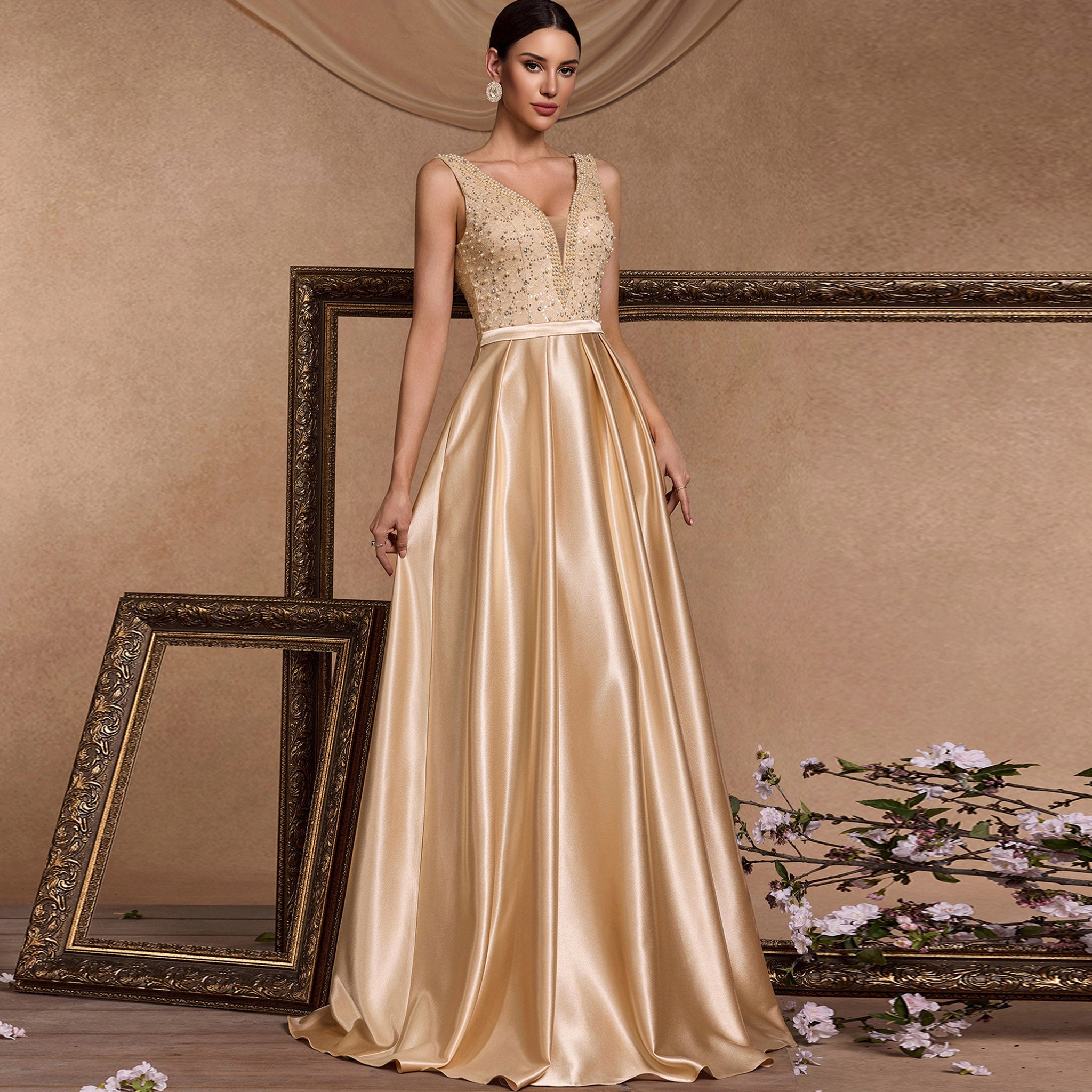 champagne wedding dress guest Zapaka Women Floral Midi Dress with Ruffles A-Line Tulle Champagne Off the Shoulder Embroidered Corset Lace-Up Back Wedding Guest Dress, Champagne /