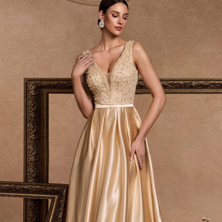 Vneck Midi Champagne Formal Dress for Wedding Guest - Rosymae