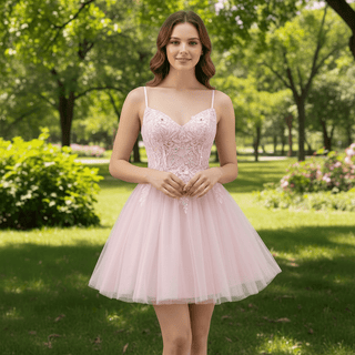Vneck Pink Above Knee Beach Cocktail Dress with Spaghetti Straps - Rosymae