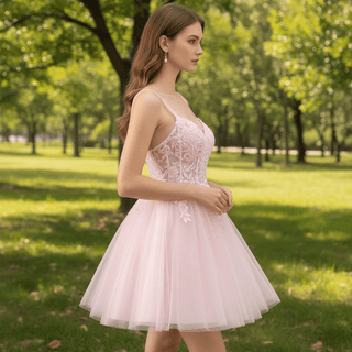 Vneck Pink Above Knee Beach Cocktail Dress with Spaghetti Straps - Rosymae