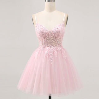 Vneck Pink Above Knee Beach Cocktail Dress with Spaghetti Straps - Rosymae