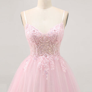 Vneck Pink Above Knee Beach Cocktail Dress with Spaghetti Straps - Rosymae
