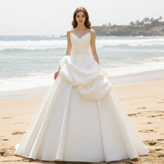Strapless Ballgown Satin Vneck Wedding Dress with Ruffle Skirt