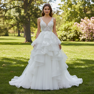 Backless Deep Vneck Ruffle Wedding Dress with Tank Sleeve