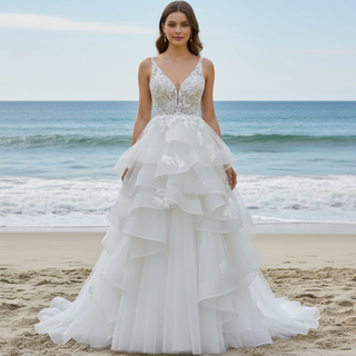 Backless Deep Vneck Ruffle Wedding Dress with Tank Sleeve