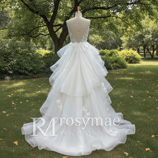 Backless Deep Vneck Ruffle Wedding Dress with Tank Sleeve