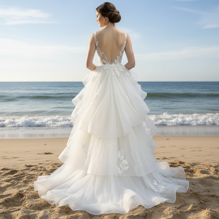 Backless Deep Vneck Ruffle Wedding Dress with Tank Sleeve