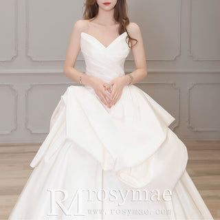 Strapless A-line Satin Vneck Wedding Dress with Ruffle Skirt