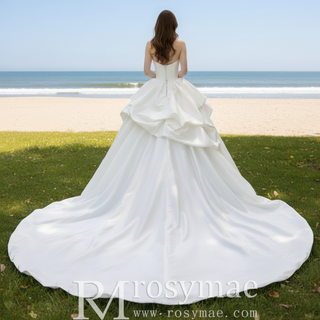 Strapless Ballgown Satin Vneck Wedding Dress with Ruffle Skirt