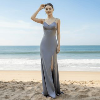 Vneck Spaghetti Strap Bridemsaid Dress with Leg Slit - Rosymae