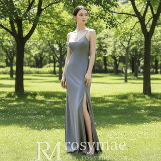 Vneck Spaghetti Strap Bridemsaid Dress with Leg Slit - Rosymae