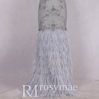 Crystals Feather Mermaid Prom Party Gown Evening Dress