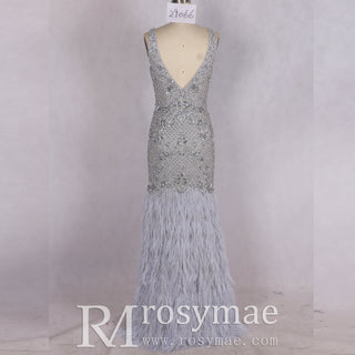 Crystals Feather Mermaid Prom Party Gown Evening Dress