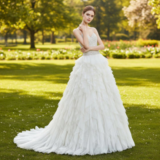 Vneck Tulle Ruffle Wedding Dress with Spaghetti Strap - Rosymae