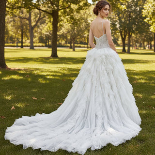 Vneck Tulle Ruffle Wedding Dress with Spaghetti Strap - Rosymae