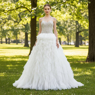 Vneck Tulle Ruffle Wedding Dress with Spaghetti Strap - Rosymae