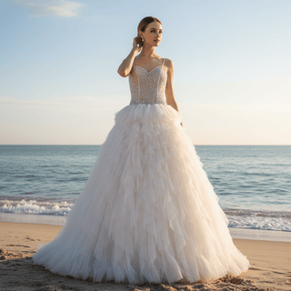 Vneck Tulle Ruffle Wedding Dress with Spaghetti Strap - Rosymae