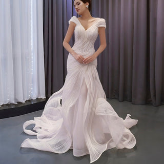 Vneck Vintage Cap sleeve Mermaid Wedding dress with Ruffled Skirt - Rosymae