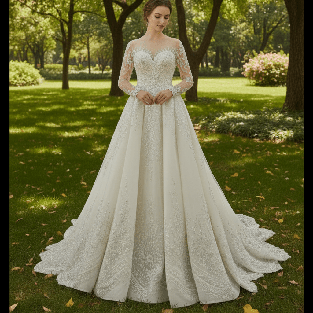 Wedding Dress with Shimmering Vertical Embroidery Meets Lace-Bordered Scalloped Train - Rosymae