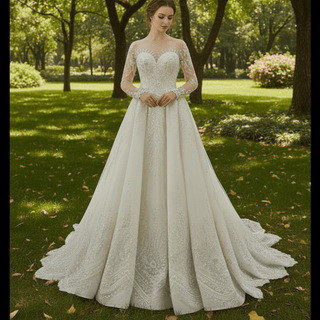 Wedding Dress with Shimmering Vertical Embroidery Meets Lace-Bordered Scalloped Train - Rosymae