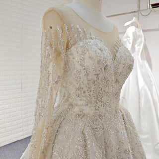 Wedding Dress with Shimmering Vertical Embroidery Meets Lace-Bordered Scalloped Train - Rosymae