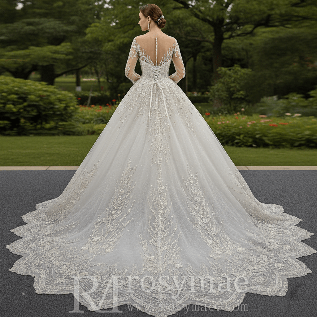 Wedding Dress with Shimmering Vertical Embroidery Meets Lace-Bordered Scalloped Train - Rosymae
