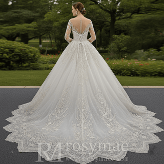 Wedding Dress with Shimmering Vertical Embroidery Meets Lace-Bordered Scalloped Train - Rosymae