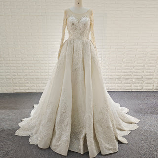 Wedding Dress with Shimmering Vertical Embroidery Meets Lace-Bordered Scalloped Train - Rosymae