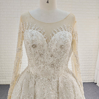 Wedding Dress with Shimmering Vertical Embroidery Meets Lace-Bordered Scalloped Train - Rosymae