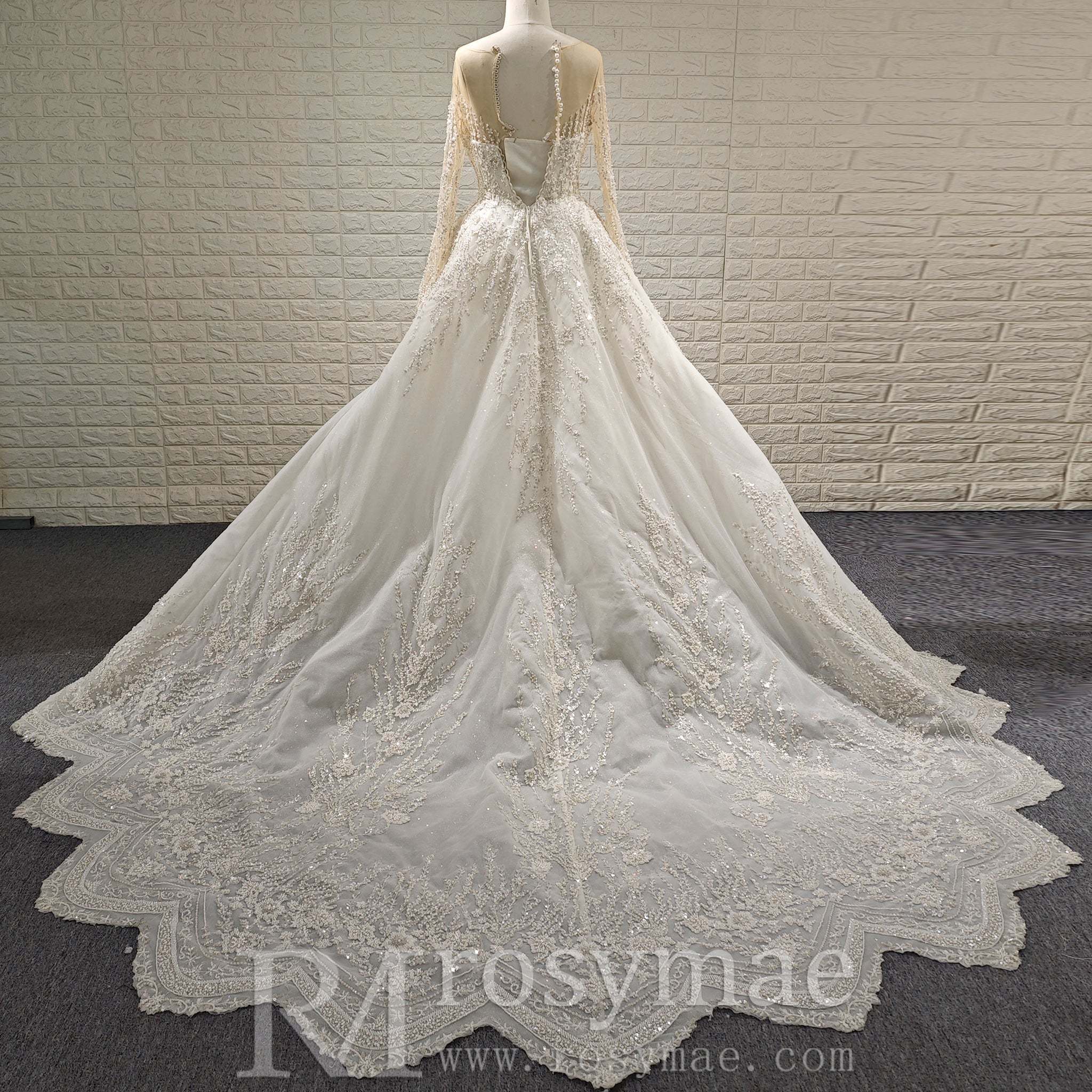 Wedding Dress with Shimmering Vertical Embroidery Meets Lace-Bordered Scalloped Train - Rosymae