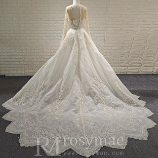 Wedding Dress with Shimmering Vertical Embroidery Meets Lace-Bordered Scalloped Train - Rosymae