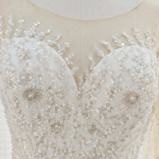 Wedding Dress with Shimmering Vertical Embroidery Meets Lace-Bordered Scalloped Train - Rosymae