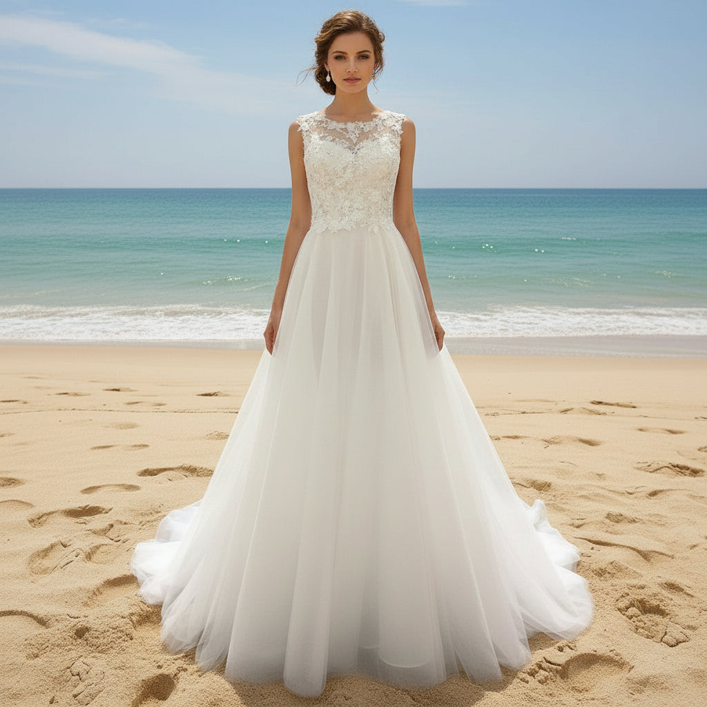 Sleeveless A-line Wedding Gown with Lace Bodice and Full Tulle Skirt Rosymae Sleeveless A-line Wedding Gown with Lace Bodice and Full Tulle Skirt Rosymae