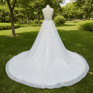 White Ballgown Tulle Open Back Wedding Dress with Tank Sleeve - Rosymae